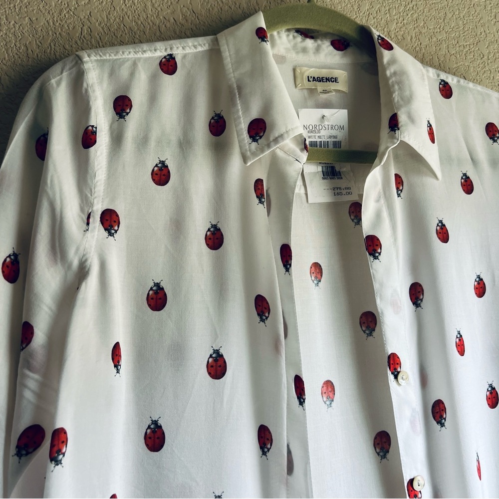 NWT L'Agence White Camille Ladybug Print Button-Up Shirt Size S - Picture 4 of 16
